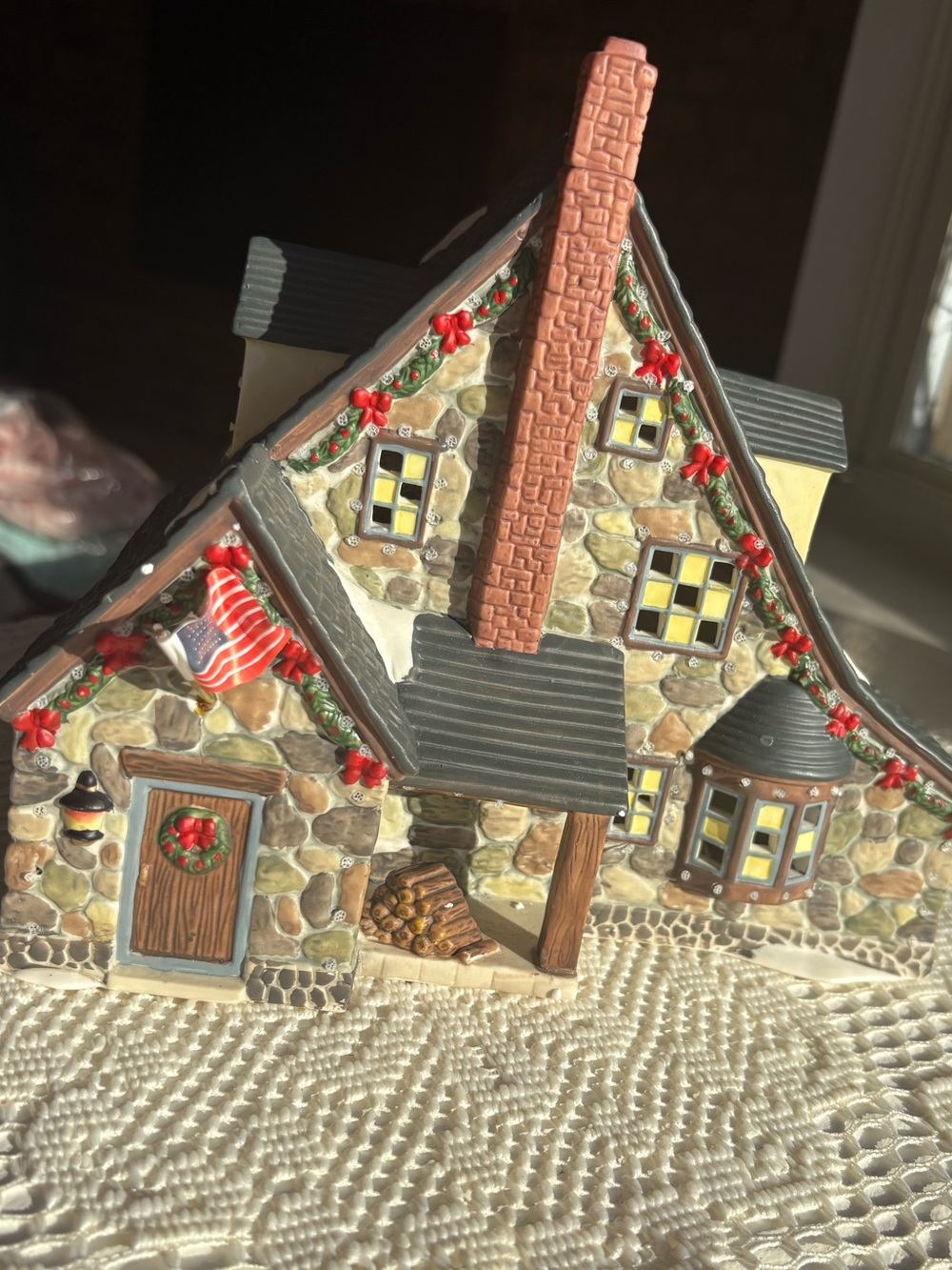 Festive Stone Cottage Holiday Figurine - Cream, Gray and Red